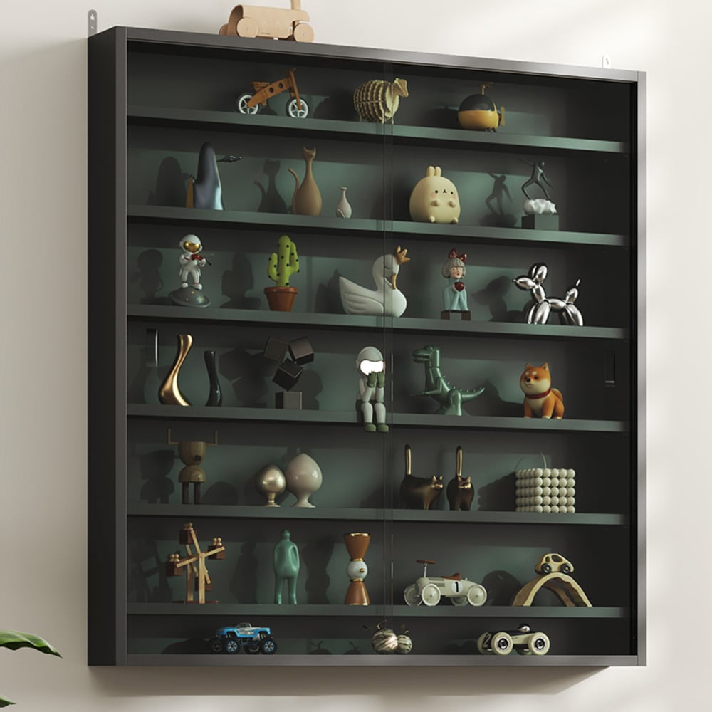 HOMCOM 7-Tier Glass Doors Black Wall Display Cabinet Image 1