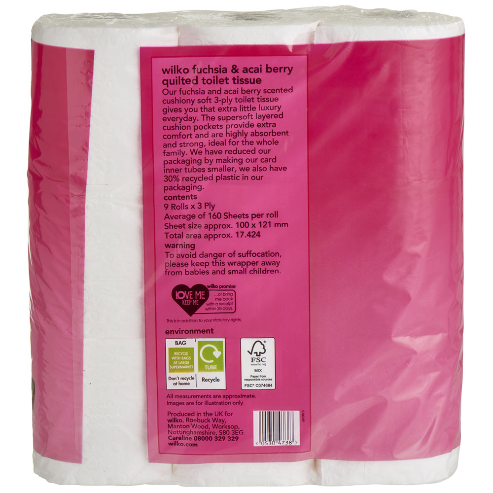 Wilko Fuchsia and Acai Berry Quilted Toilet Tissue 9 Rolls 3 Ply Image 3