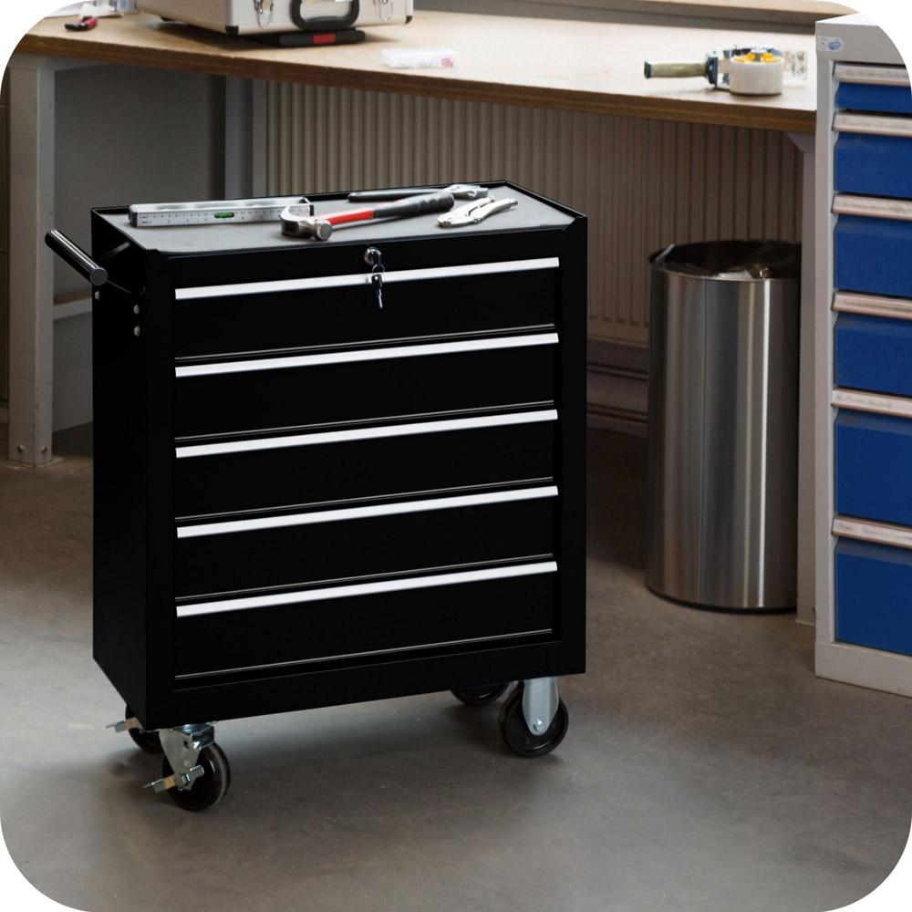 tectake 5 Drawer Black Tool Chest of Drawers with Wheels Image 2