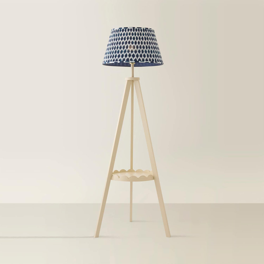 ValueLights Morrigan Blue Ikat Pleated Shade Cream Scallop Tripod LED Floor Lamp with Bulb Image 4