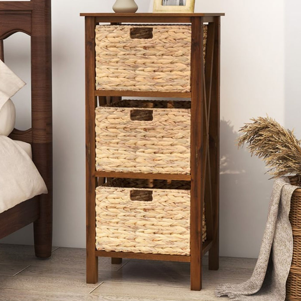 Costway 3 Shelf Rustic Brown Side Table with Seagrass Baskets Image 1