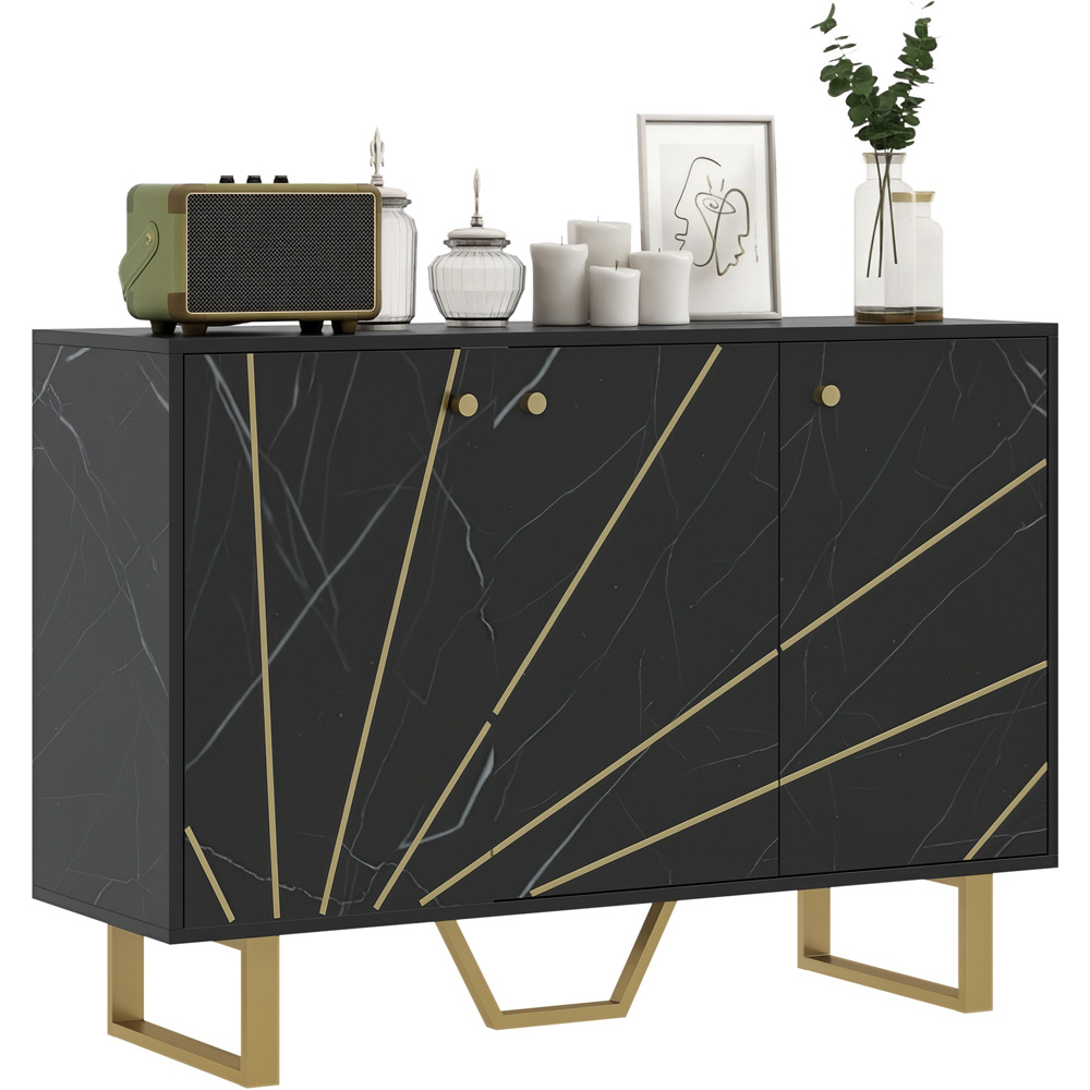 Portland 3 Door Black and Gold Tone Marble Texture Sideboard Image 2