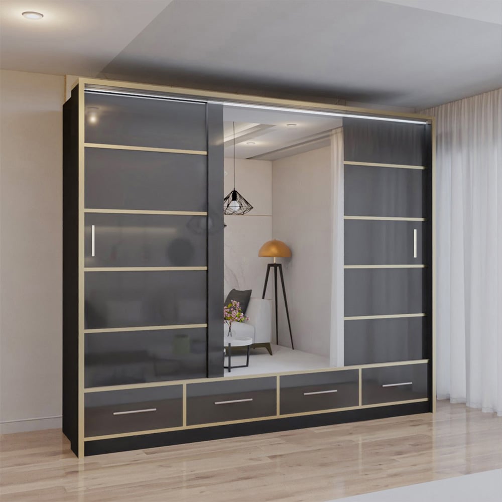 Sliding Wardrobes 4U 2 Sliding Door Black Modern Wide High Gloss Mirrored Wardrobe Image 3