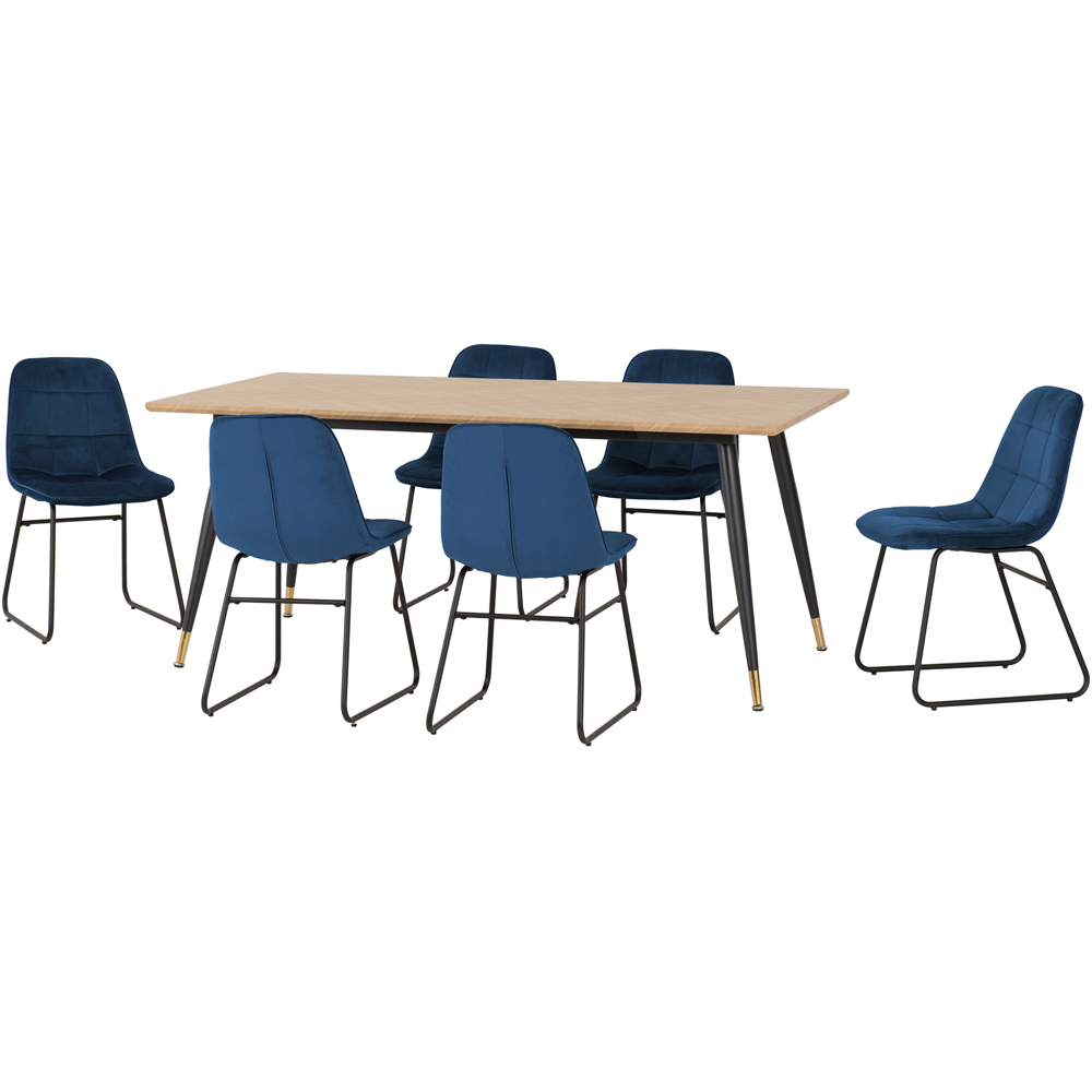 Seconique Hamilton Lukas Oak Effect Velvet 6 Seater Dining Table Set Sapphire Blue Image 2