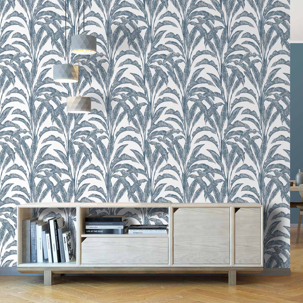 Muriva Sansa Leaf Blue and White Wallpaper Image 4