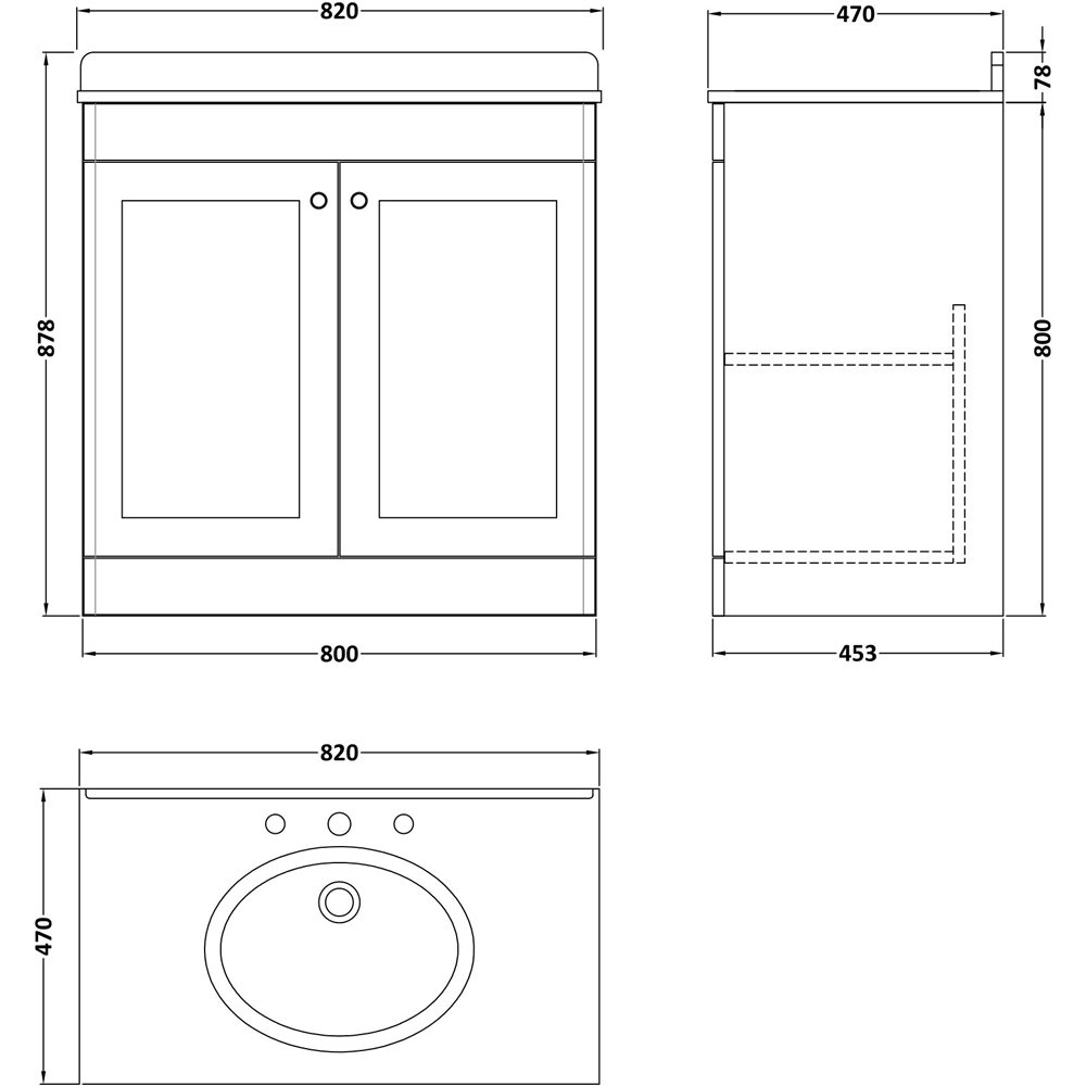 nuie Classique 2 Door Satin White and Grey Floor Standing Unit and 3 Tap Hole Marble Basin 800mm Image 3