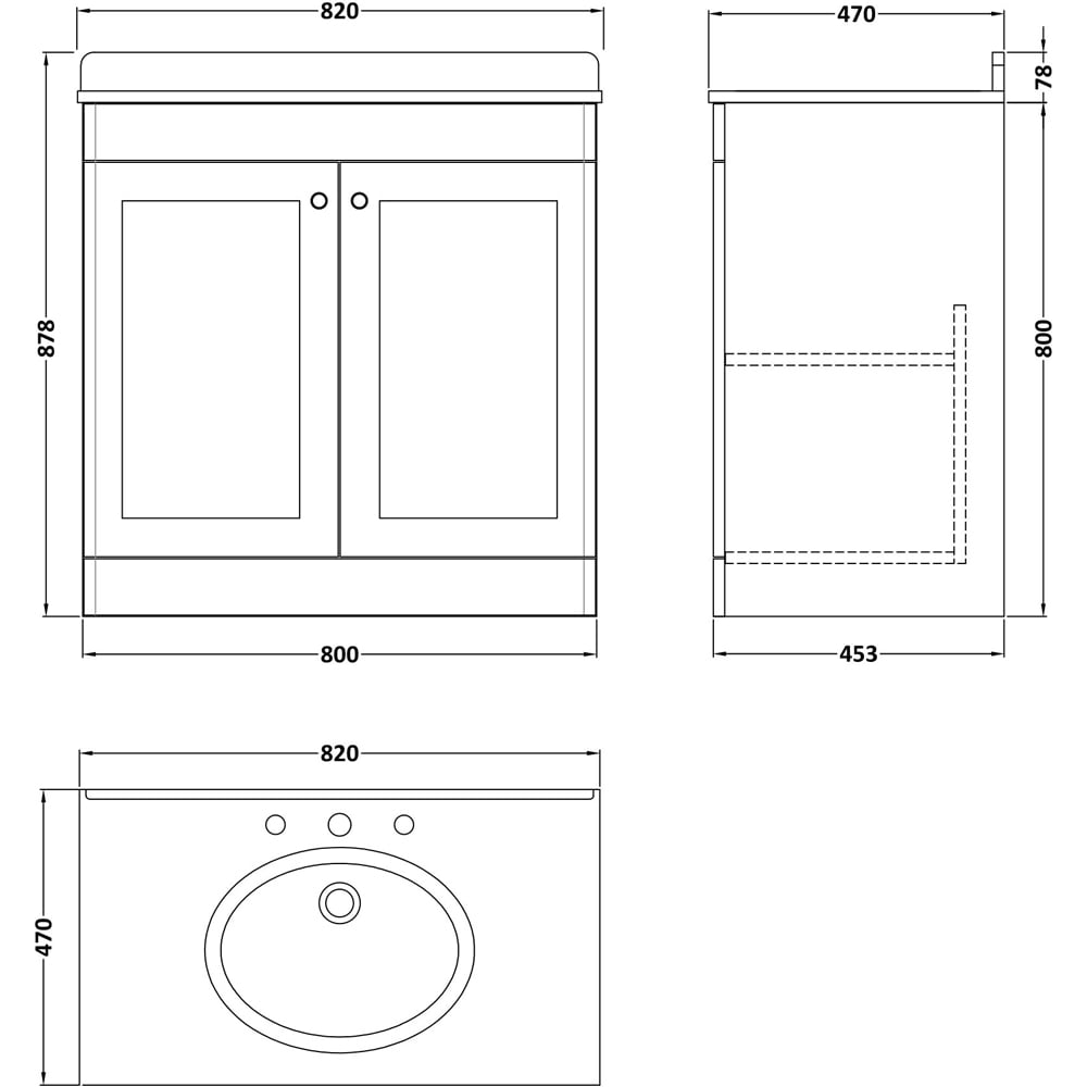 nuie Classique 2 Door Satin White and Black Floor Standing Unit and 3 Tap Hole Marble Basin 800mm Image 3