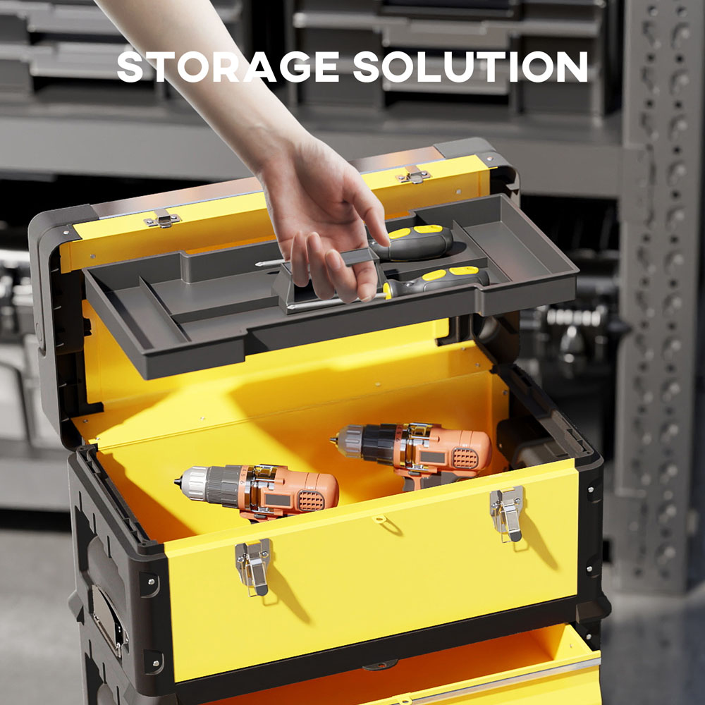 HOMCOM 3 Tier Yellow Stackable Steel Tool Box with Wheels Image 6
