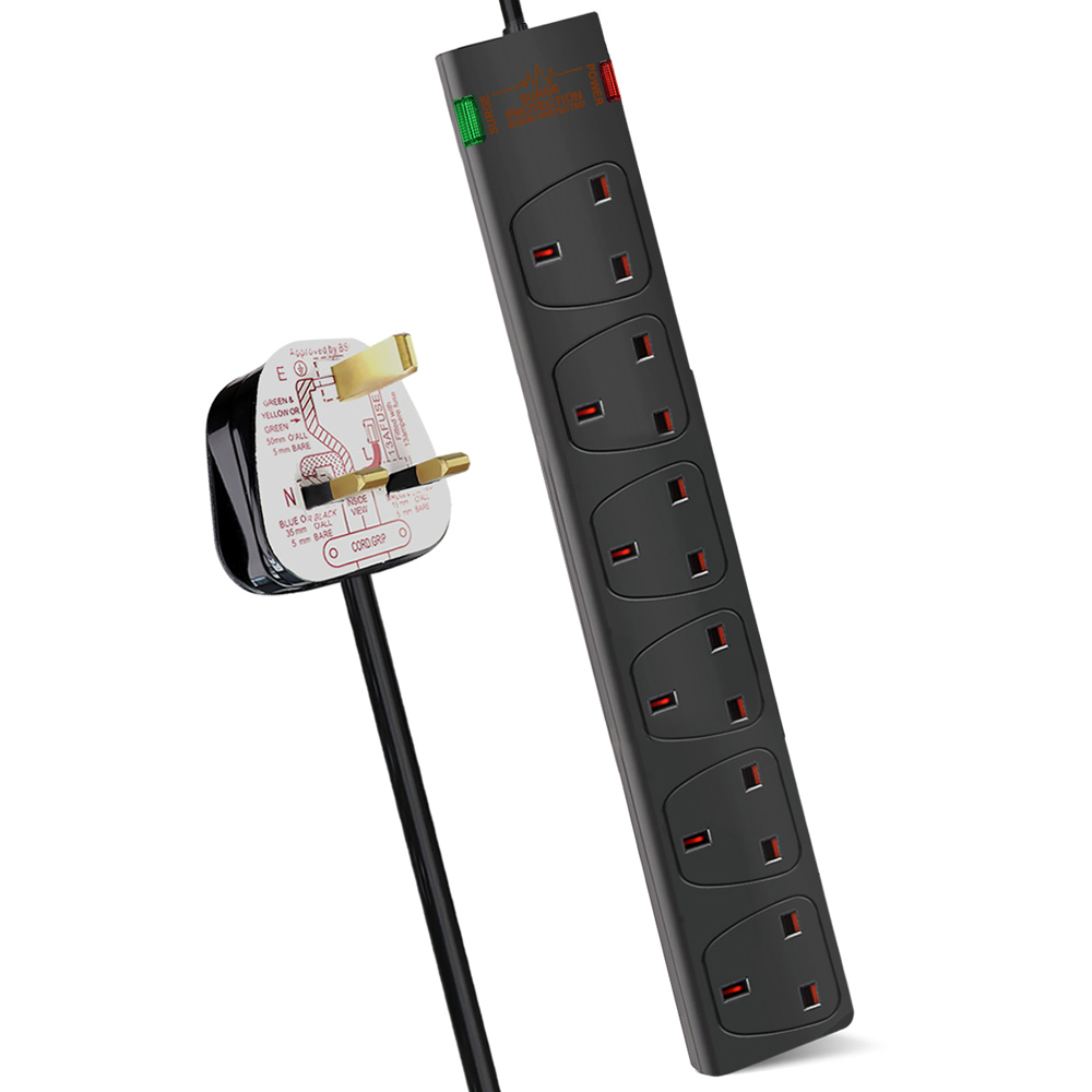 ExtraStar Black 13A 1m 6 Socket Surge Protected Extension Lead Image 1