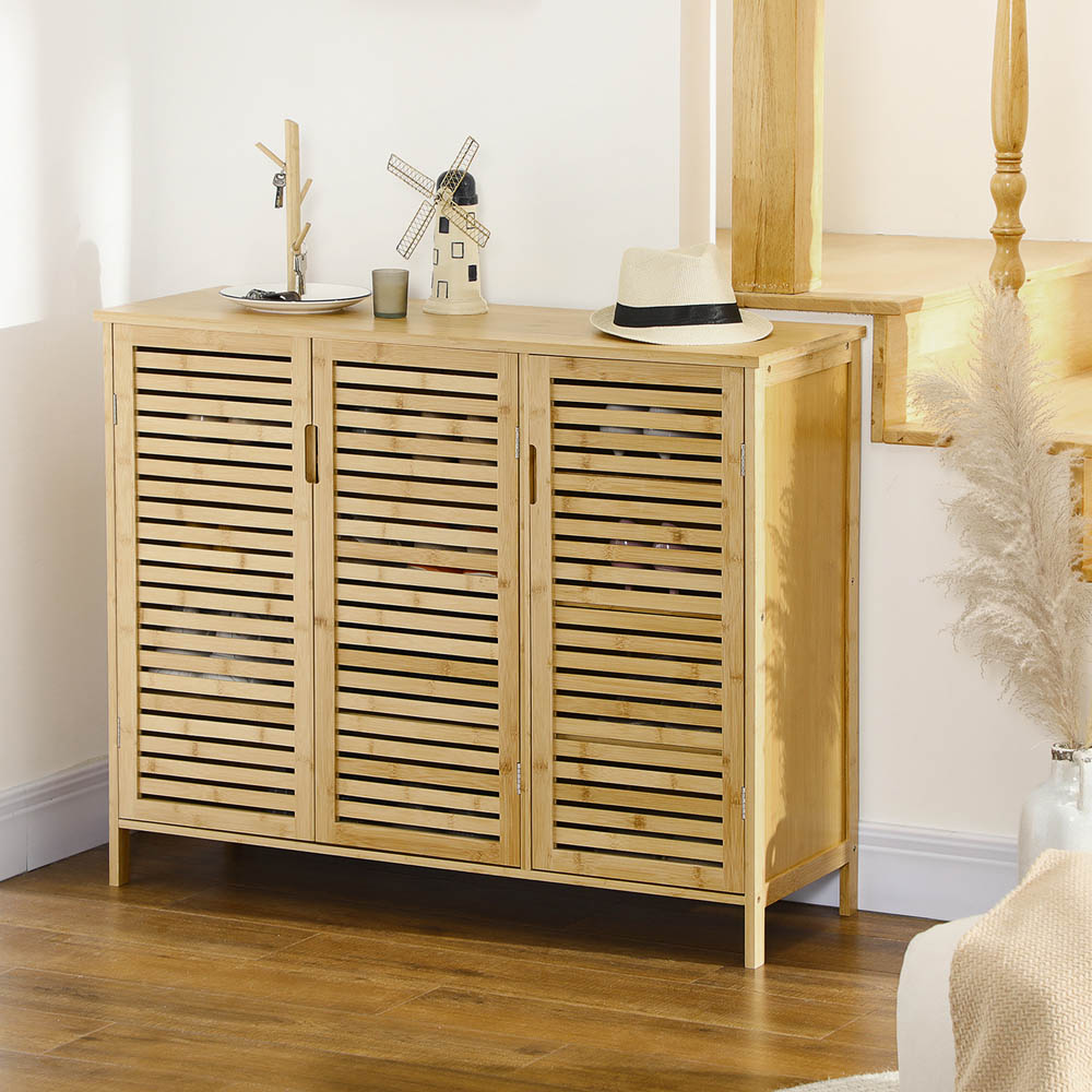 Portland 3 Door Natural Rustic Adjustable Slatted Shoe Cabinet Image 5