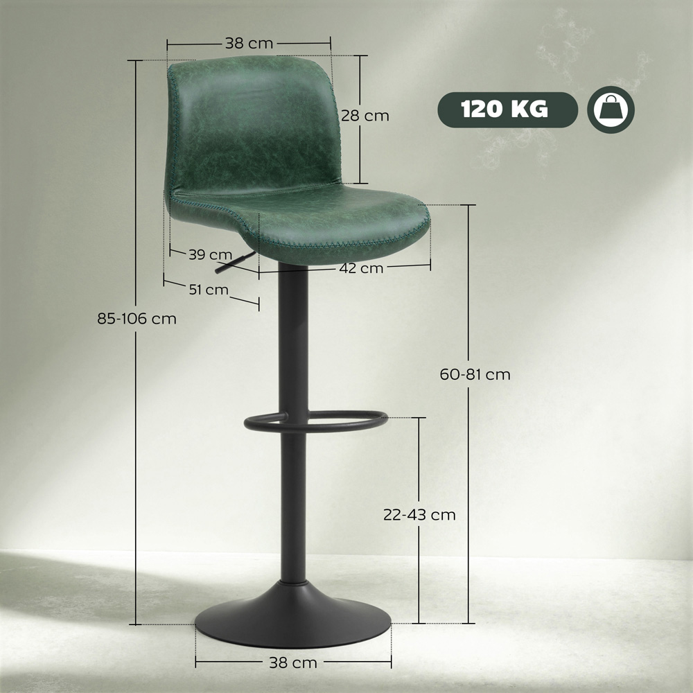 Portland Green PU Leather Height Adjustable Bar Stool Set of 2 Image 9