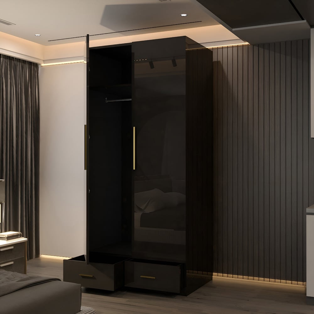 Sliding Wardrobes 4U XD4 2 Door 2 Drawer Black High Gloss Gold Handle Mirror Wardrobe Image 3