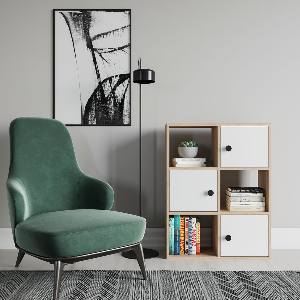 Decorotika Tilton 3 Door 3 Open Shelf Oak and White Bookcase Image 3