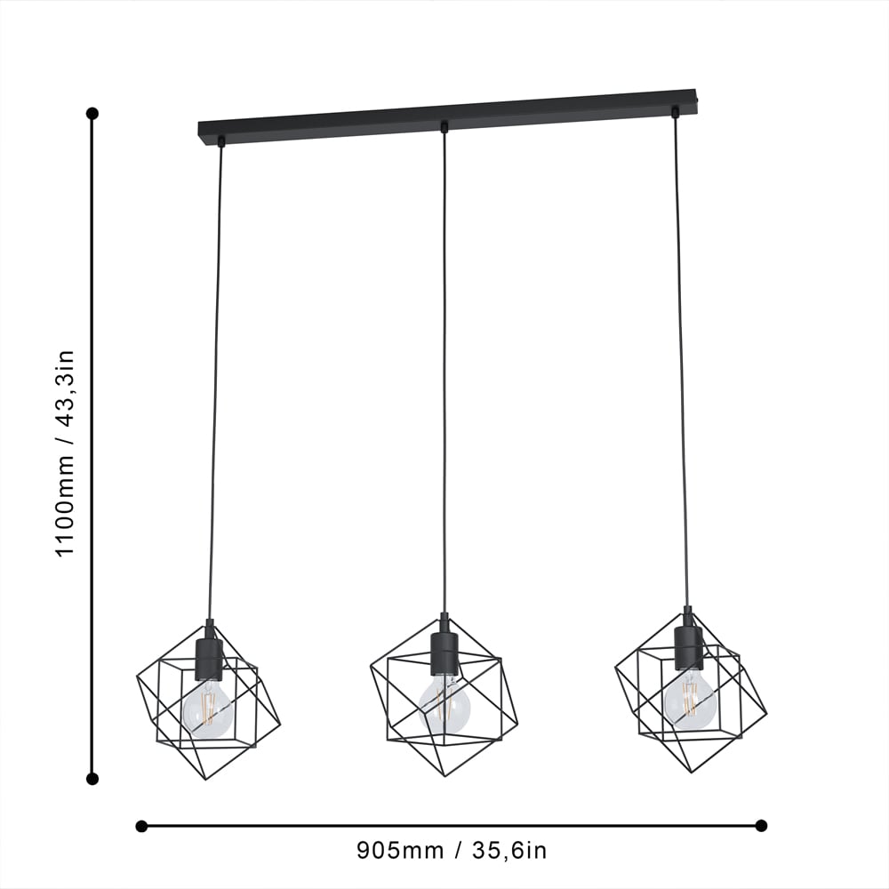 EGLO Straiton 3 Light Black Steel Geometric Pendant Lampshade Image 4