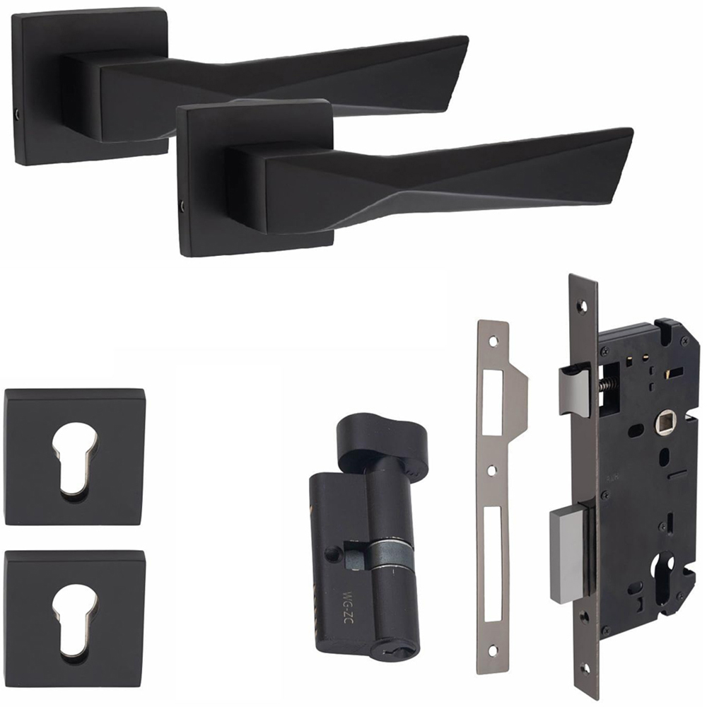 Golden Grace Matt Black Aura Euro Lock Door Handle Set Image 1