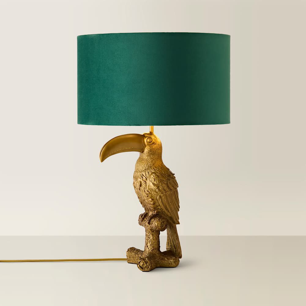 ValueLights Tuki Toucan Gold and Green Velvet Shade Brushed Bronze Table Lamp with Bulb Image 3