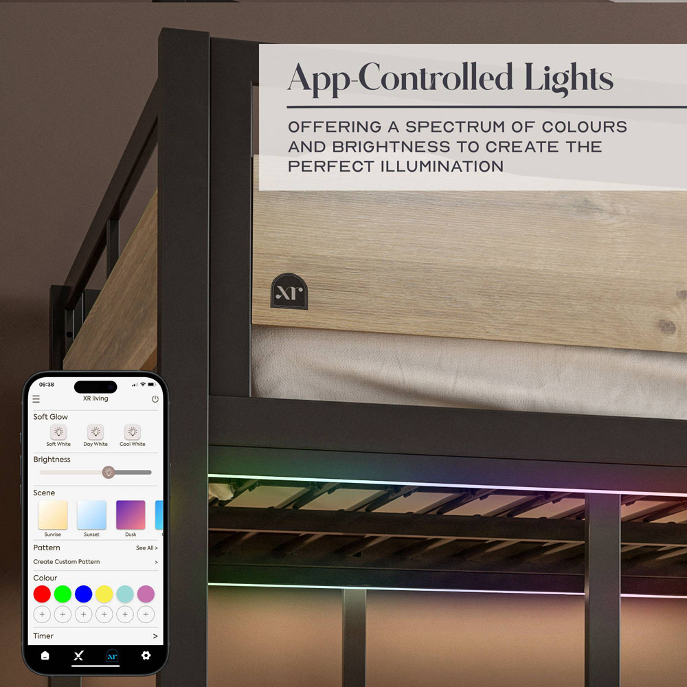 XR Living Denver Double Oak and Black High Sleeper with Storage and App Controlled LED Lights Image 3