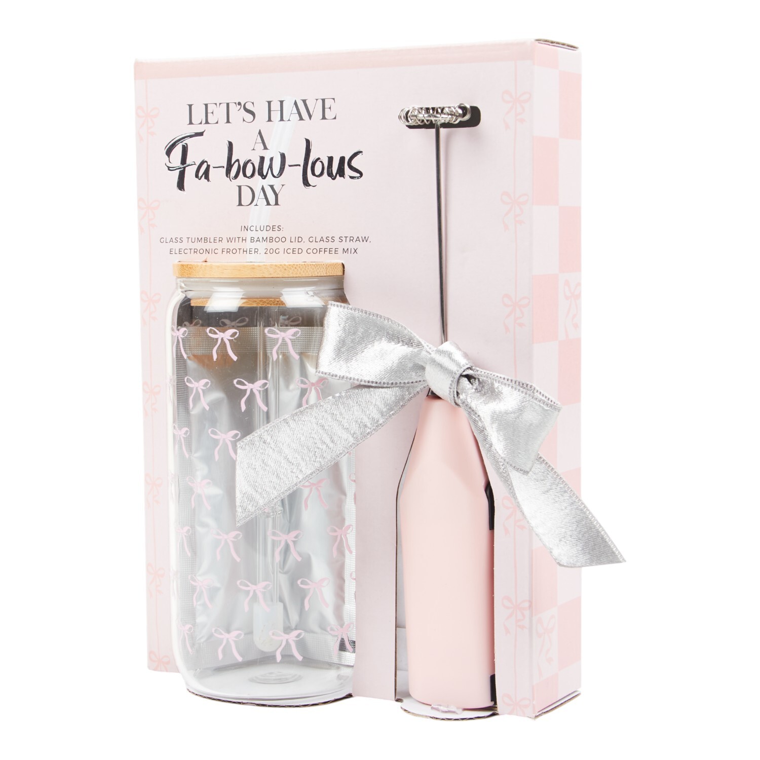 Bow Iced Latte Glass and Frother Set Pink Image 2