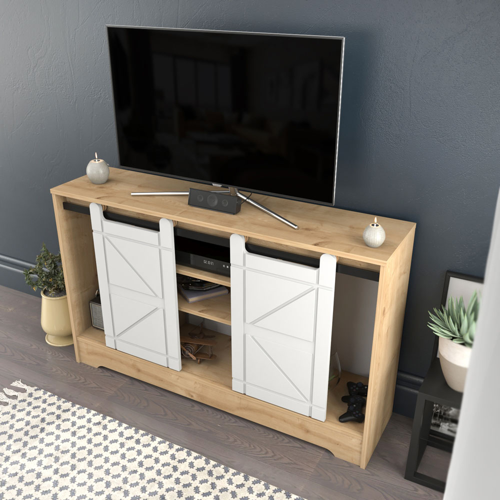 Decorotika Oak and White Barn Door TV Unit Image 4