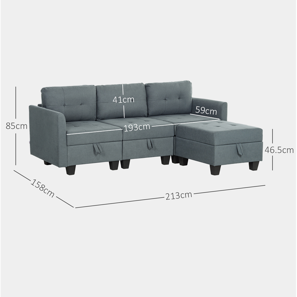 HOMCOM 3 Seater Grey Modular L Shaped Sofa with Storage Image 7