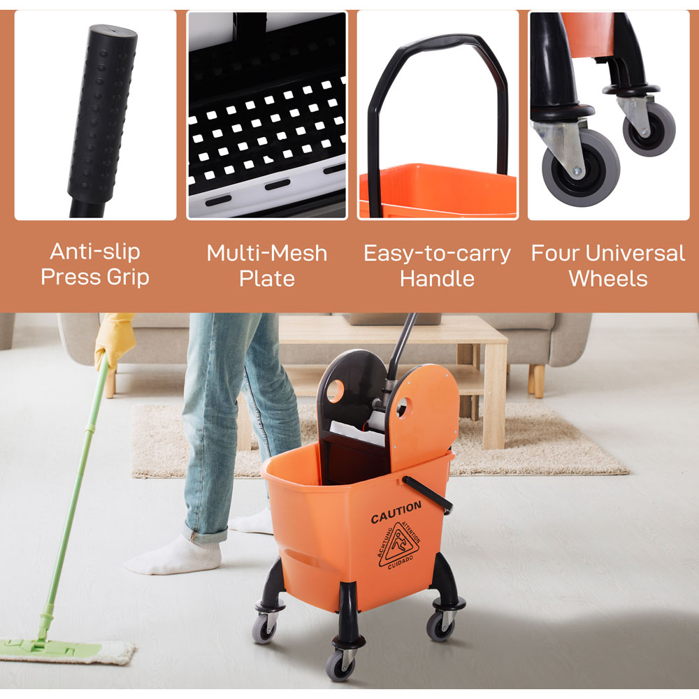 HOMCOM Orange Mop Bucket with Wheels and Handle 26L Image 7