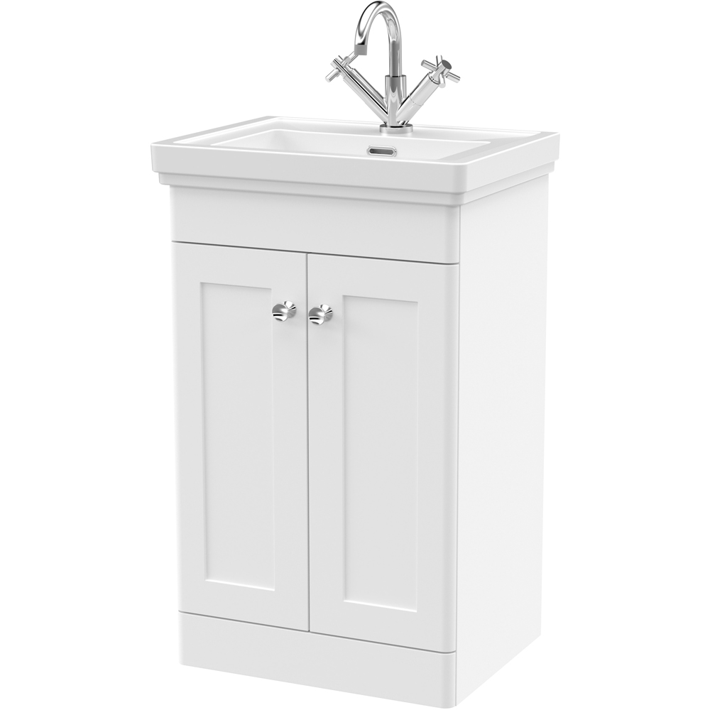 nuie Classique 2 Door Satin White Floor Standing Vanity Unit and 1 Tap Hole Fireclay Basin 500mm Image 1