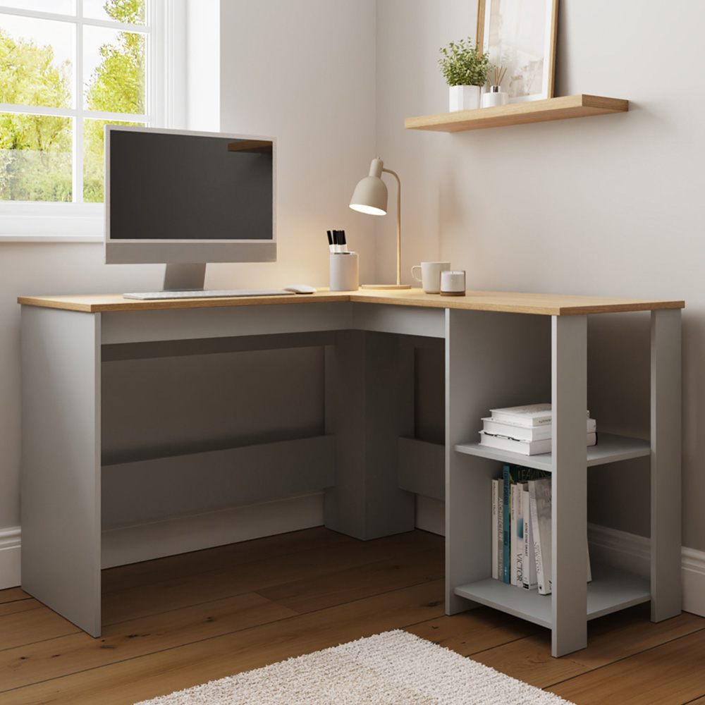 GFW Lancaster 2 Shelf Corner Computer Desk Grey Image 1