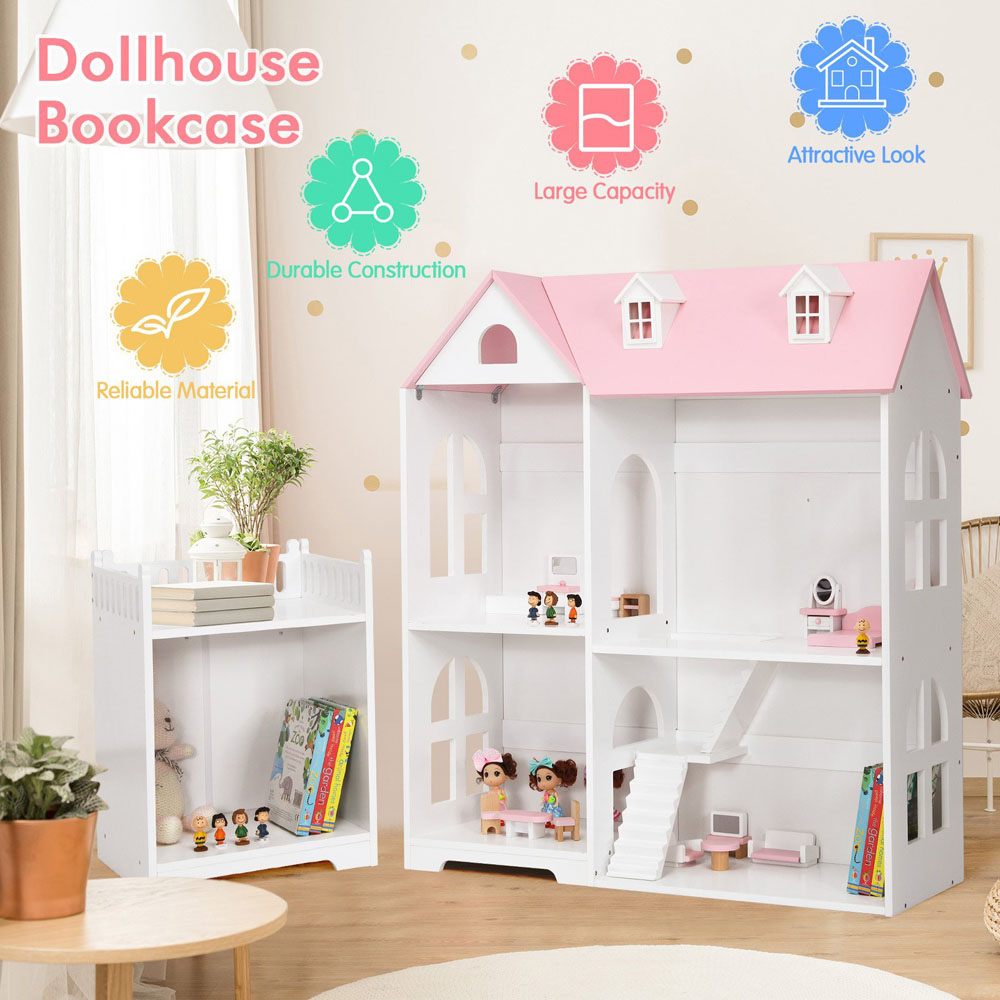 Costway Pink Large Wooden Dolls House Image 4