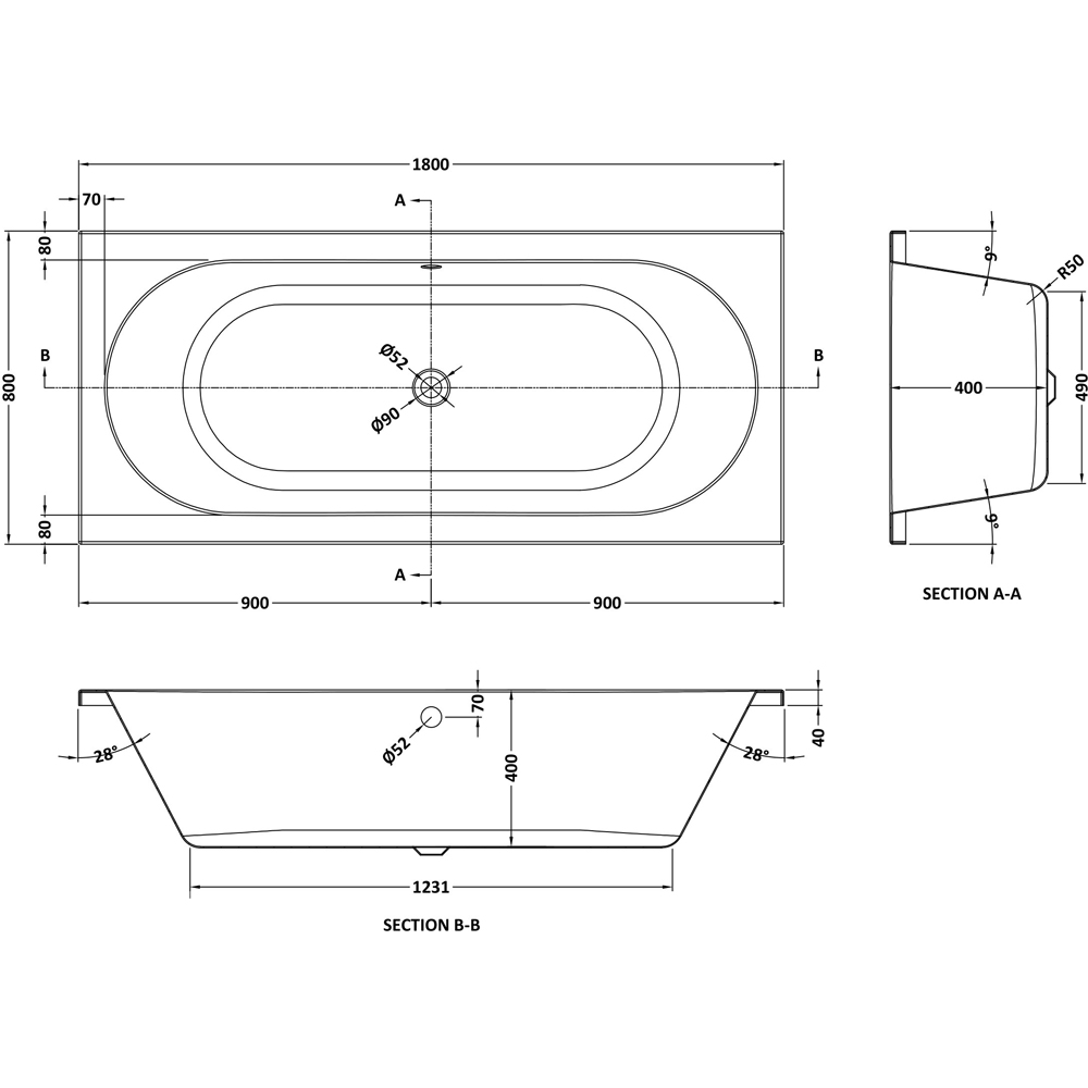 nuie Round Double Ended Bath and Leg Set 1800 x 800mm Image 2