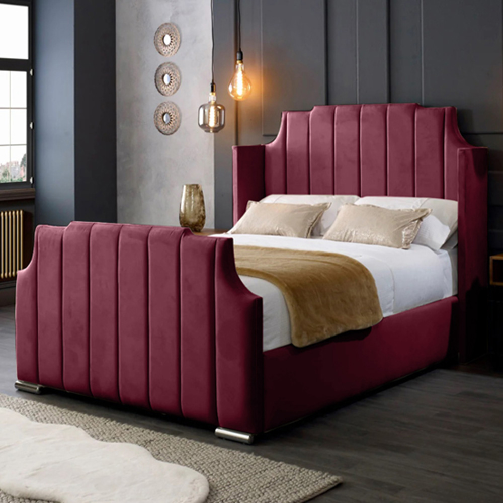 Eleganza Home Nelly King Size Maroon Plush Velvet Bed Frame with Winged Headboard Image 1