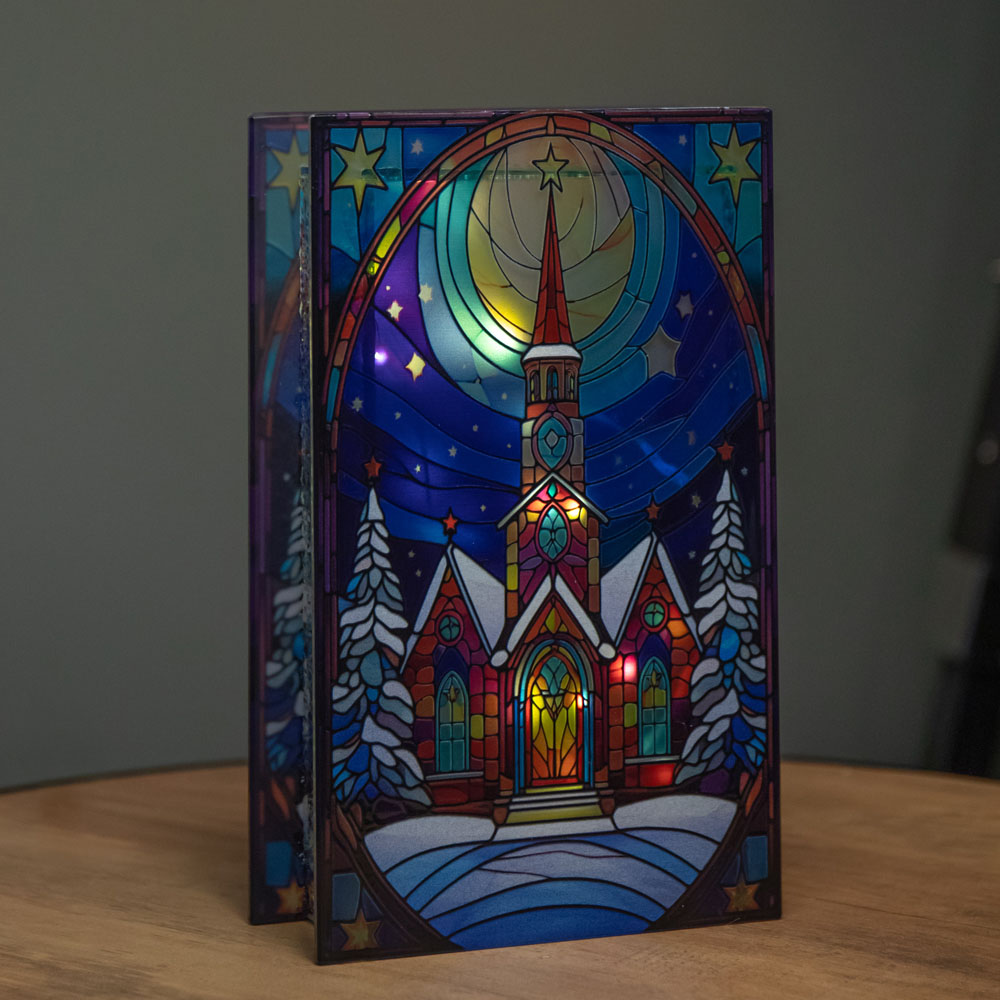 Samuel Alexander 50 Warm White LED Church Scene Light Up Stained Glass Decoration 21cm Image 2