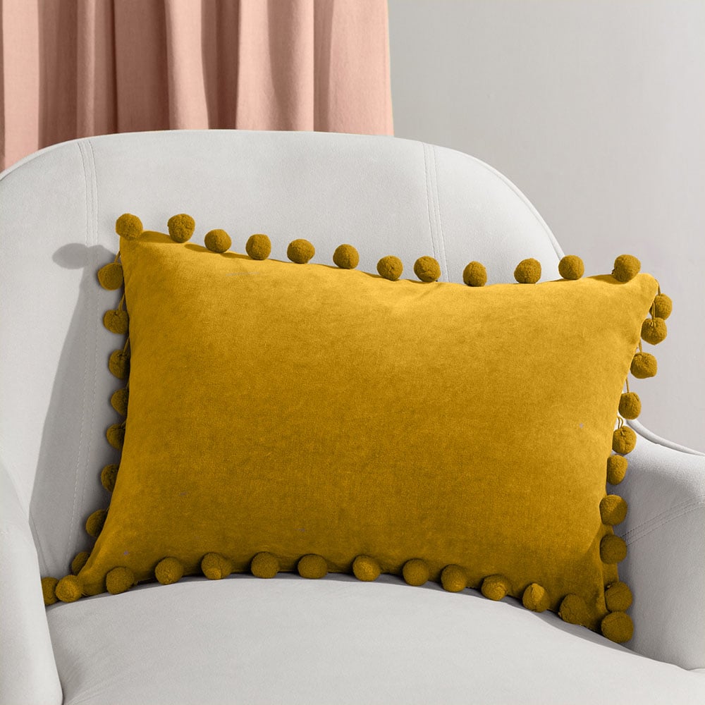 furn. Dora Ochre Velvet Pom Pom Cushion Image 2