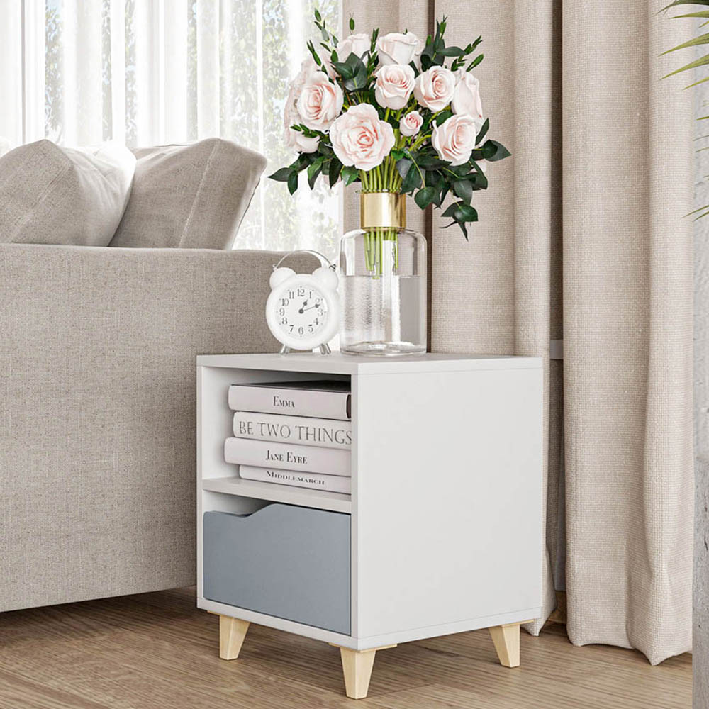 Portland Single Drawer and Shelf White and Grey Bedside Table Image 1