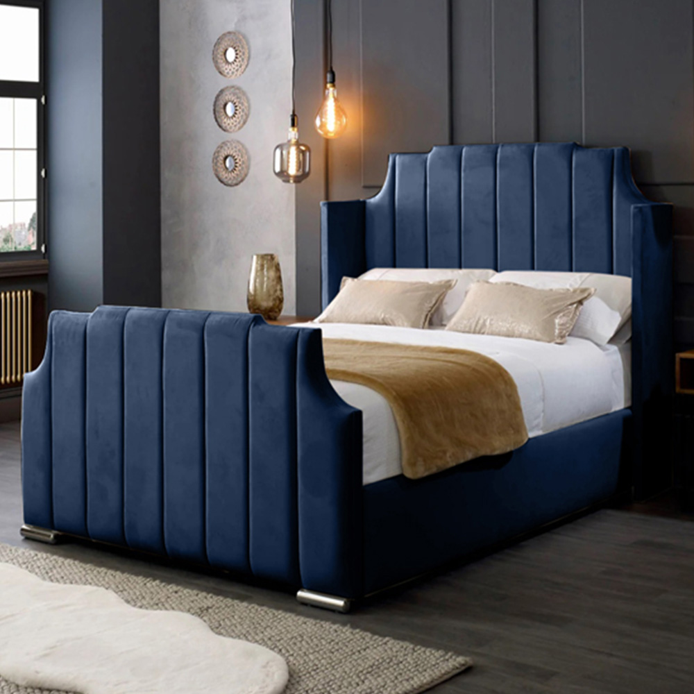 Eleganza Home Nelly Double Blue Plush Velvet Bed Frame with Winged Headboard Image 1