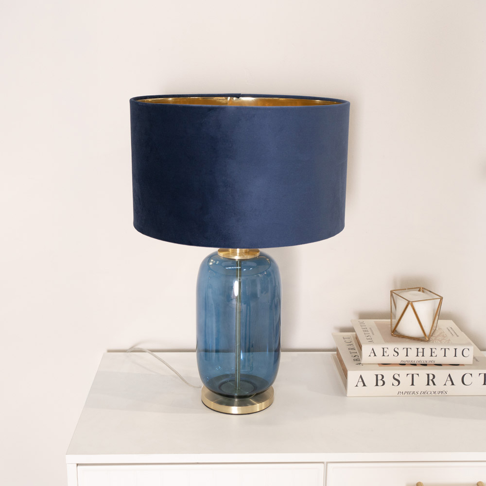 ValueLight Leigh Navy Velvet and Gold Inner Shade Navy Blue and Gold Glass LED Table Lamp Image 2