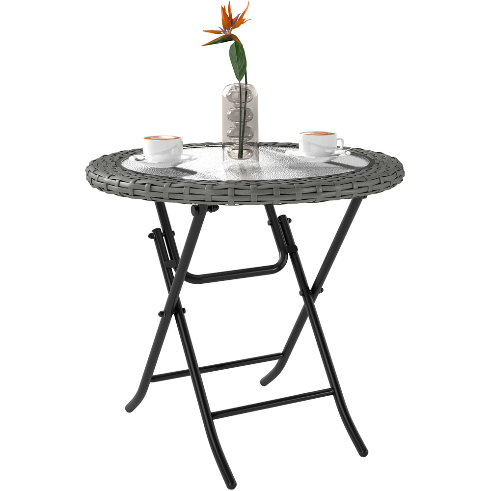 Outsunny Grey Foldable Round Tempered Glass Rattan Metal Table Image 2