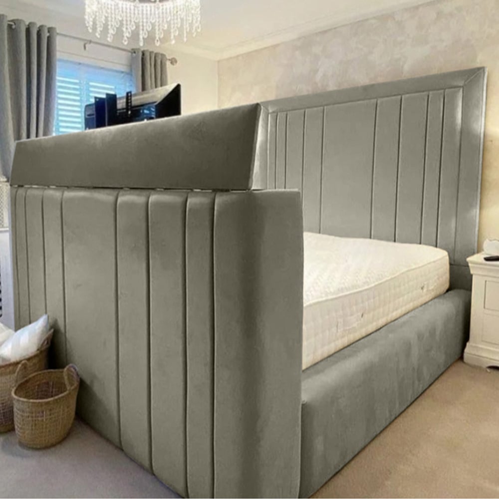 Eleganza Home Genna King Size Grey Plush Velvet TV Bed Frame with Lined Headboard Image 1