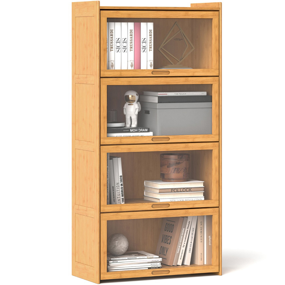 Costway 4 Shelf Natural Bamboo Bookcase with Acrylic Doors Image 3