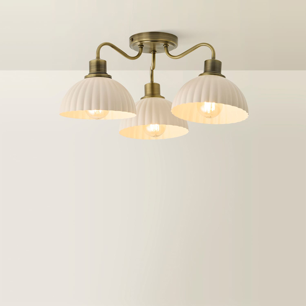ValueLights Bourton 3 Arm Cream Ribbed Dome Shade Brushed Gold Ceiling Light with Bulb Image 5
