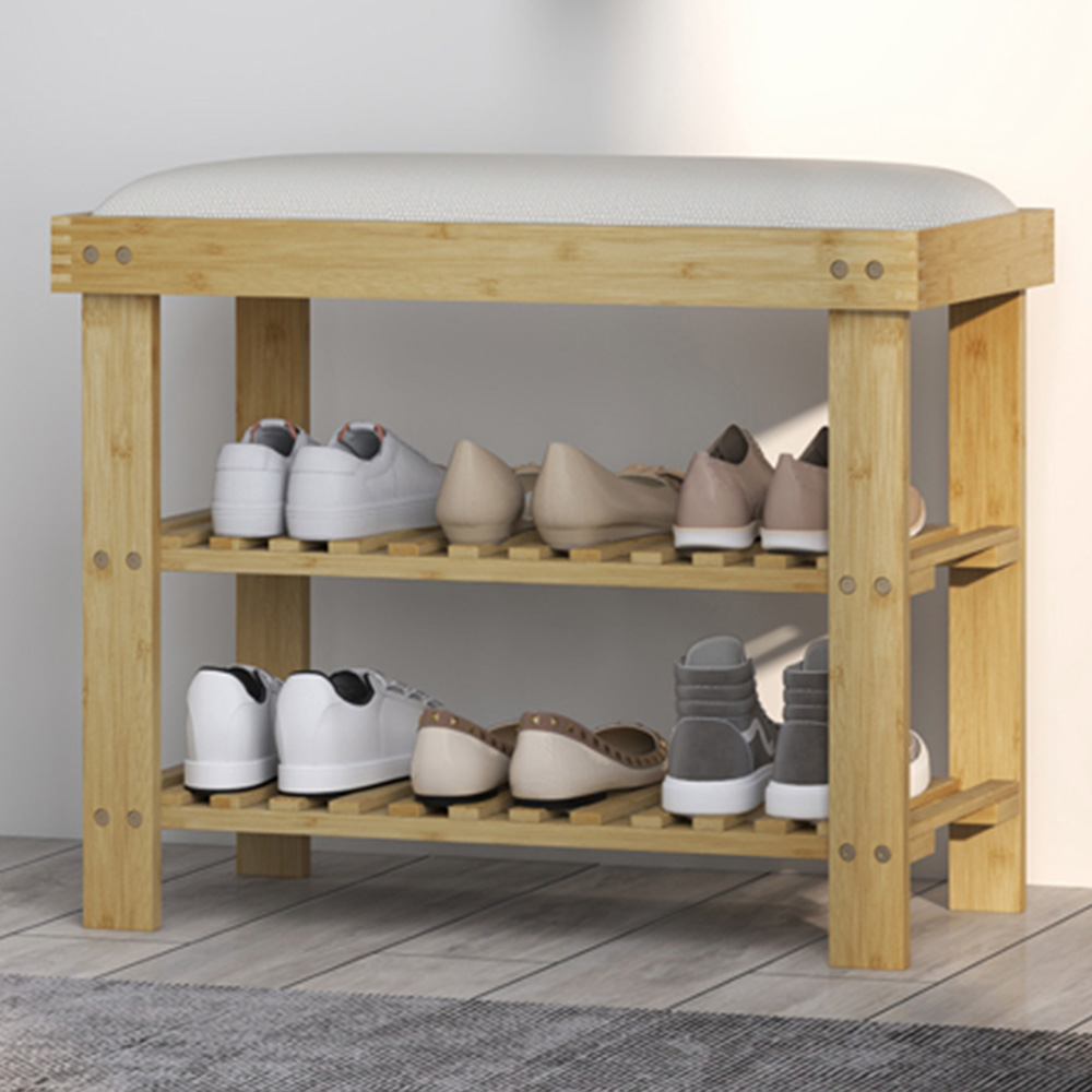 HOMCOM 2 Shelf Cream Bamboo Shoe Storage Bench Image 1