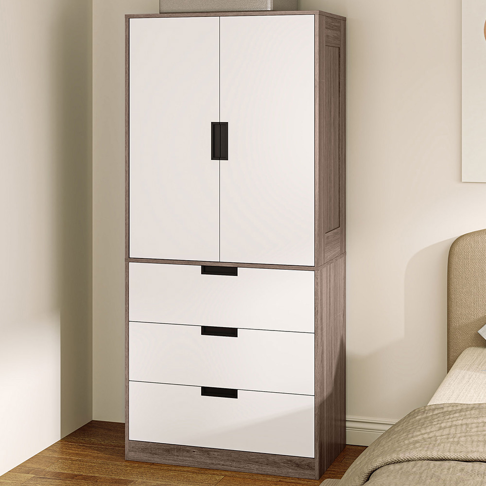 Portland 2 Door 3 Drawer Brown Wardrobe with Hanging Rod Image 1