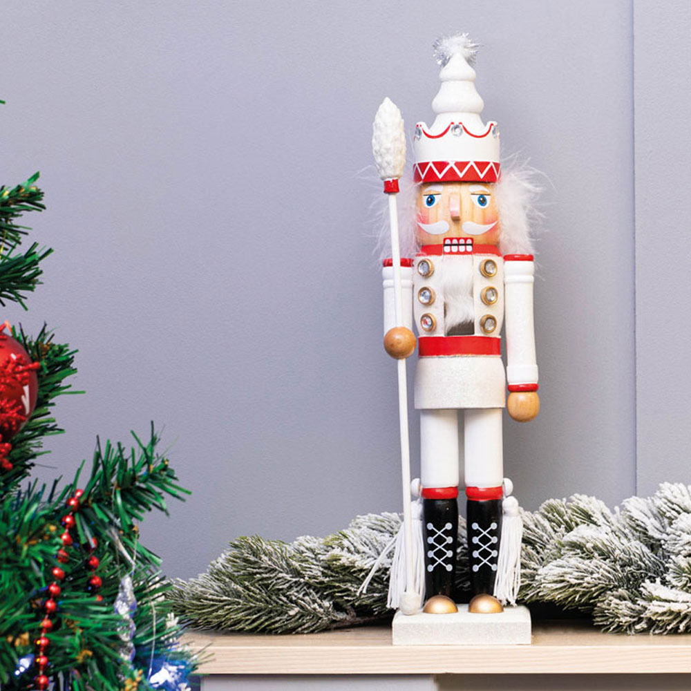 St Helens White and Red Christmas Nutcracker with Staff Image 3