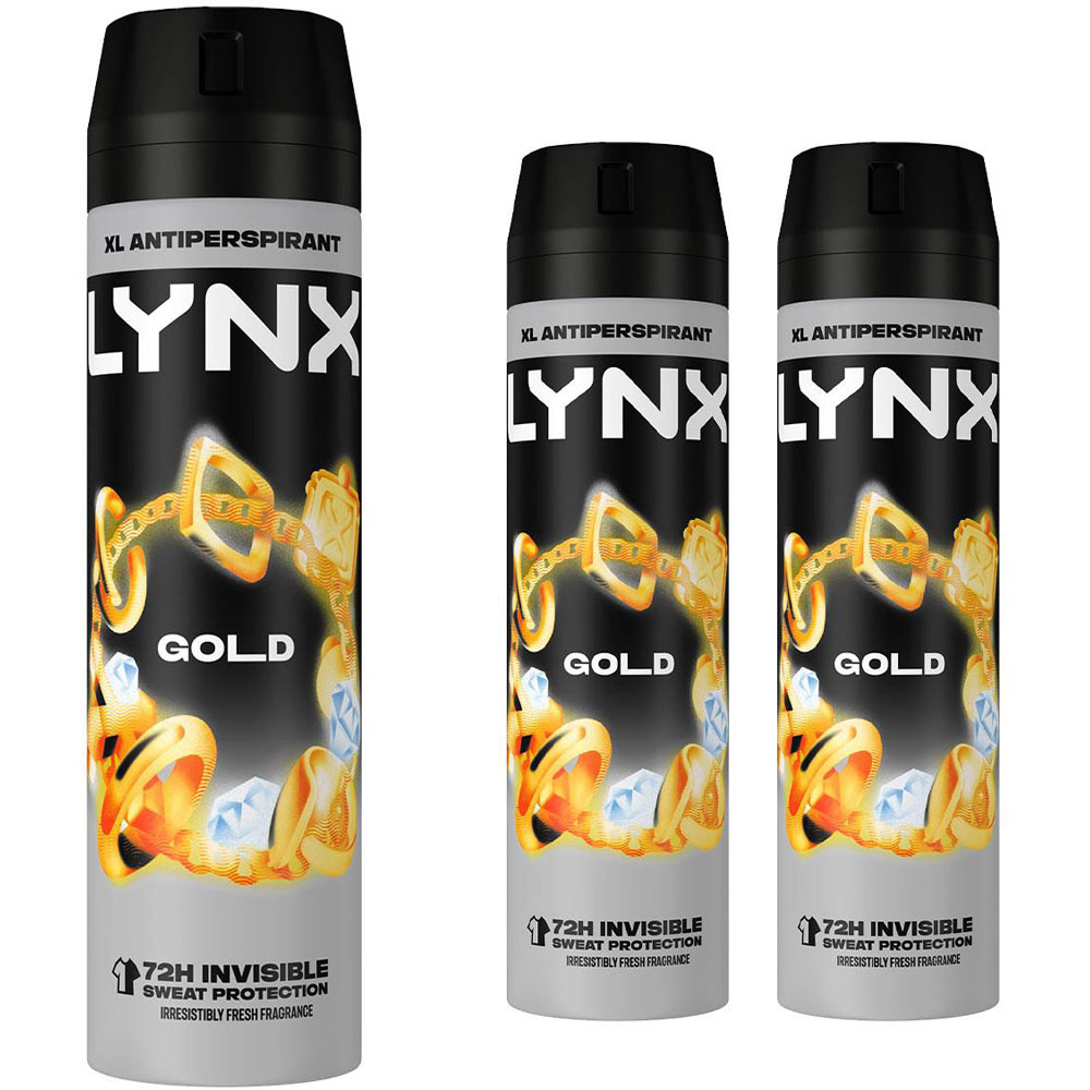 Lynx Gold 72H Protection Anti-Perspirant Anti-White Marks Deodorant Spray 200ml 3 Pack Image 1