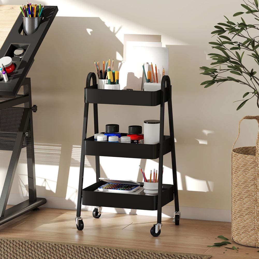 HOMCOM 3-Tier Black Kitchen Storage Trolley Image 3