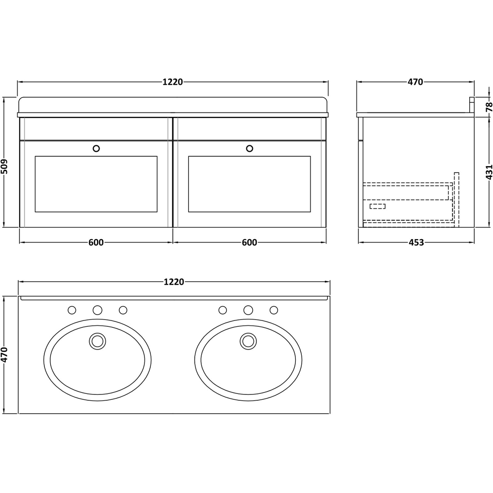 nuie Classique 2 Drawer Satin Grey and Black Wall Hung Unit and 3 Tap Hole Marble Basin 1200mm Image 3