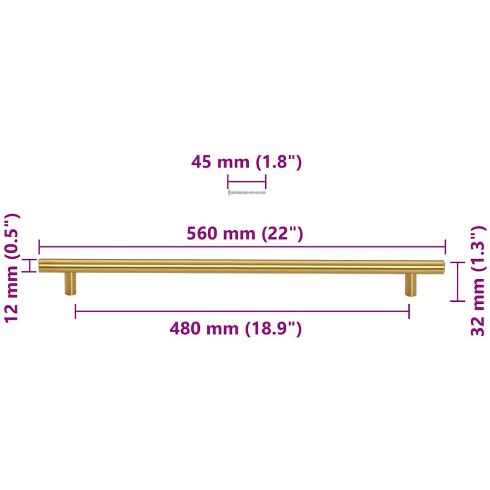 Wallplus Gold Stainless Steel Medium T-Shaped Cabinet Handle 56cm 5 Pack Image 9