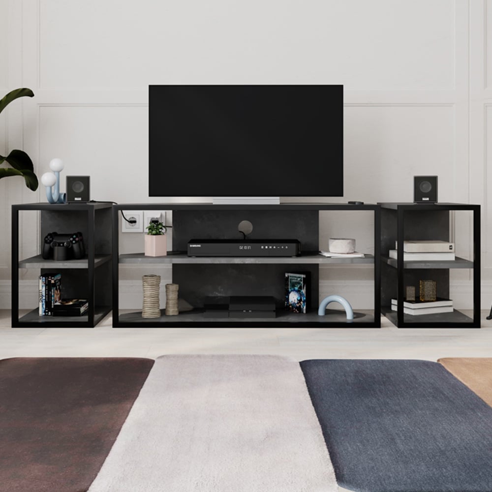 Decortie Echo 2 Shelf Retro Grey Metal Frame Modern TV Unit with 2 Side Table Image 1