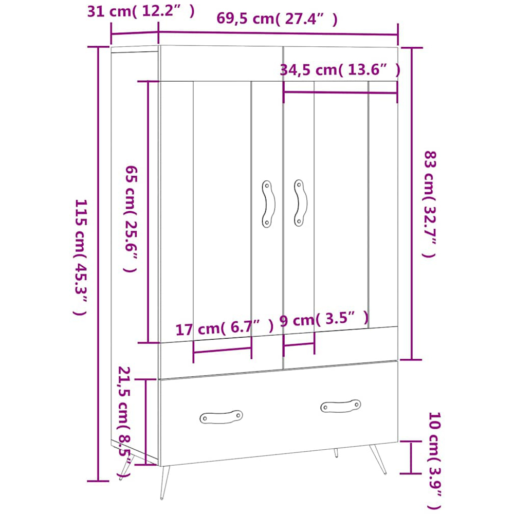 vidaXL 2 Glass Door Single Drawer Grey Sonoma Highboard Image 6