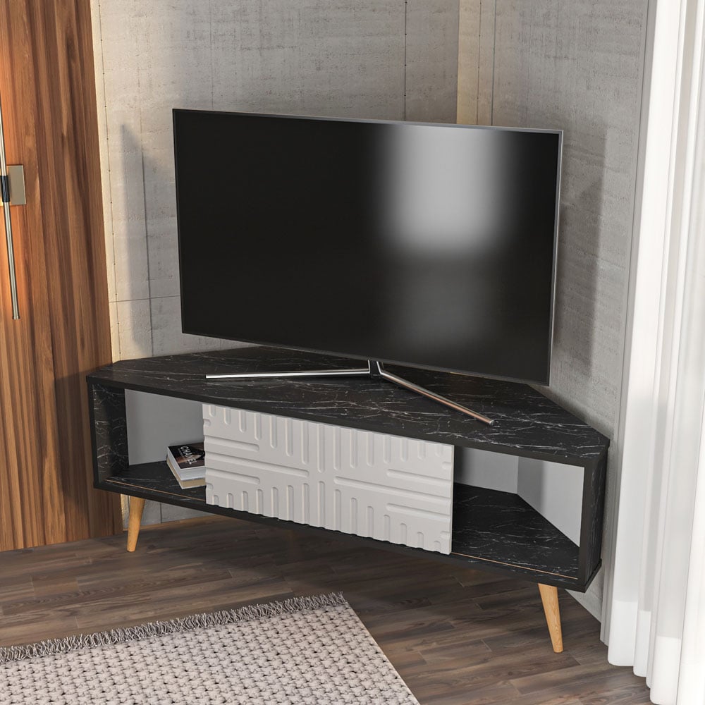 Decorotika Mora Single Sliding Door Bendire and White Corner TV Unit Image 4