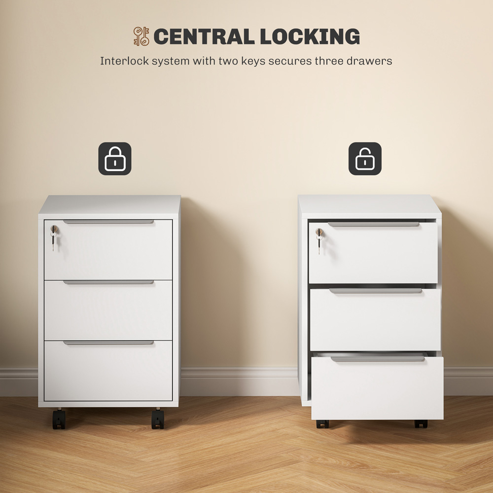 HOMCOM 3 Drawer White Lockable Mobile Filing Cabinet Image 7
